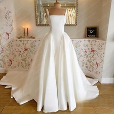 Sweep Train A-Line Sleeveless Square Neck Satin Bridal Gowns Customized
