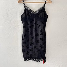 NWT Cider Black Floral Velvet Flocked Lace Mini Slip Dress V-Neck Size S