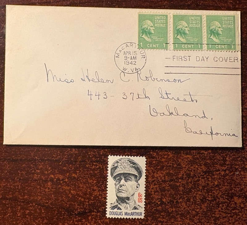 MacArther, WV post office first day, 4/15/1942, with MacArthur mint stamp