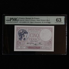1939-41 France Banque De France 5 Francs Pick#83 PMG 63 Choice UNC