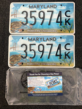 Maryland License Plate Pair 35974ck  EXPIRED, PROTECT THE CHESAPEAKE BAY & PERKS