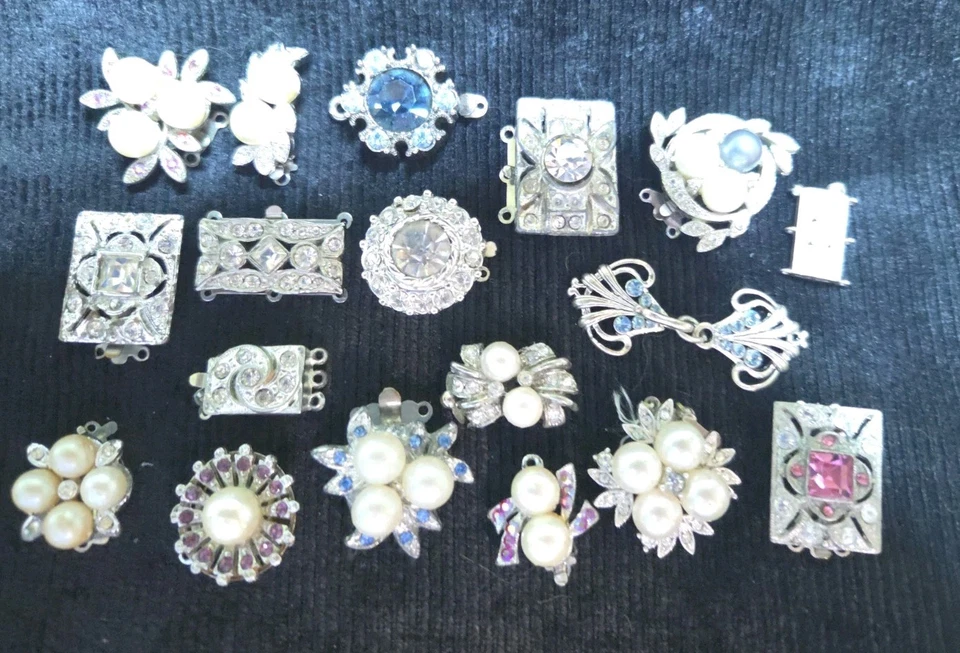 ENORME Lote de 18 broches de perlas de diamantes de imitación vintage con respaldo de cristal Joyería Slide Foto 2 de 4
