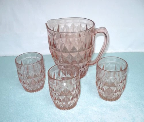 JEANETTE  WINDSOR DEPRESSION GLASS  52 oz. PITCHER W/THREE 9 oz. FLAT  TUMBLERS