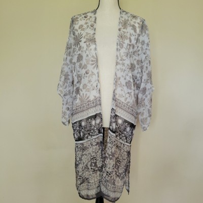 Apt 9 OSFM Ruana Kimono Cover Up Open Front Side Slits Floral Metallic Threads
