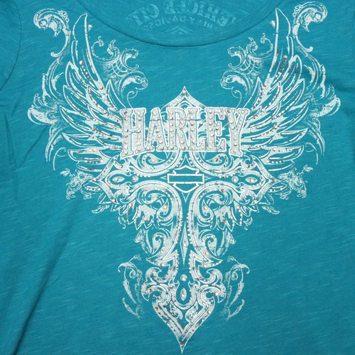 Harley-Davidson Shirt Womens Medium Teal Winged Cross Graphic Rhinestone Biker - Picture 2 of 6