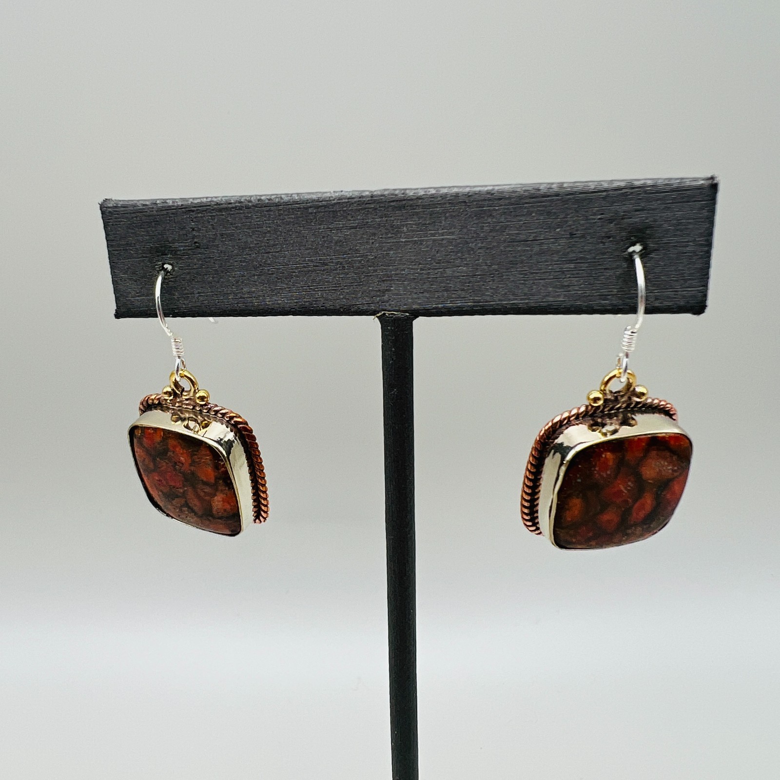Dangle Earrings Square Jasper Stone Two Tone Pier… - image 3