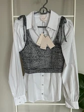 NWT Cinq a Sept Elodie Top Navy/White Size Small With crochet overlay 