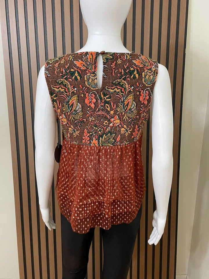 Anthropologie Eva Franco Mujer XS Naranja Tanque Jacquard Floral Peplum Volantes Foto 3 de 4