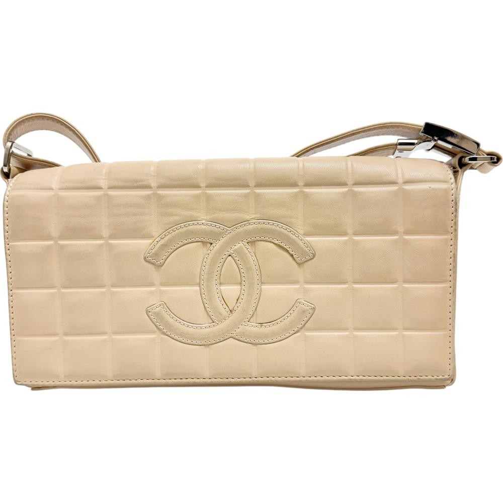 Chanel Chocolate Bar One Shoulder Bag in Beige Leather with Silver Hardware