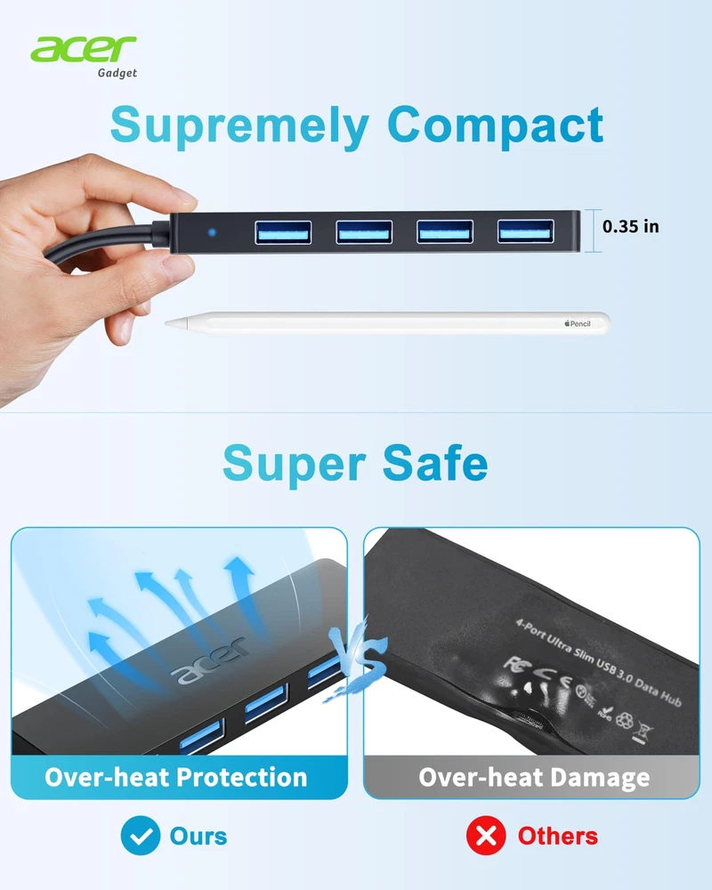 Acer USB Hub 4 Ports Multiple USB 3.0 Hub USB A Splitter for Laptop with USB ...