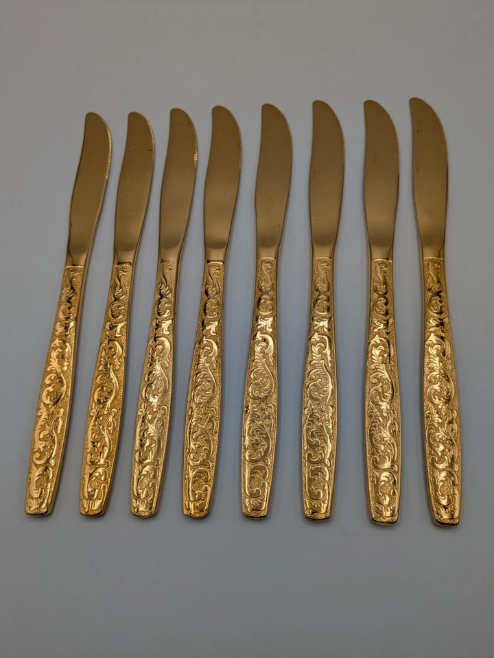 Cuchillos de cena American Golden Heritage cubiertos Golden Scroll 8" vintage Foto 2 de 4