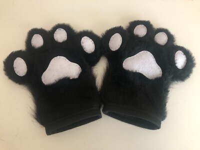 Fursuit Hand Paws Black Premium Fur and White Paw Pads, Cat