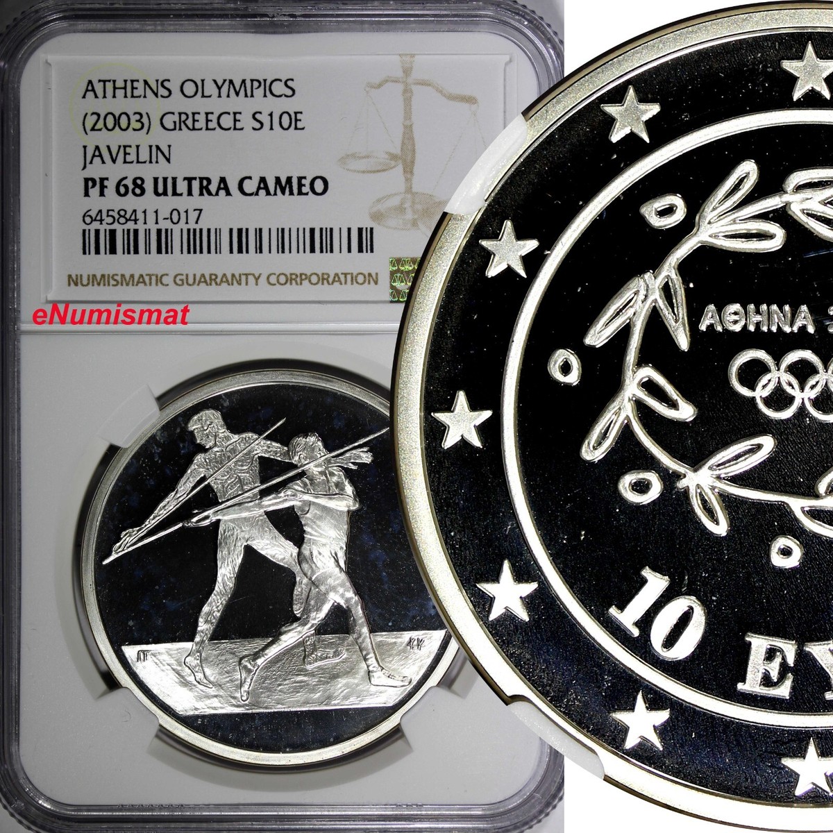 Greece Silver Olympics Sports Javelin 2003 10 Euro NGC PF68