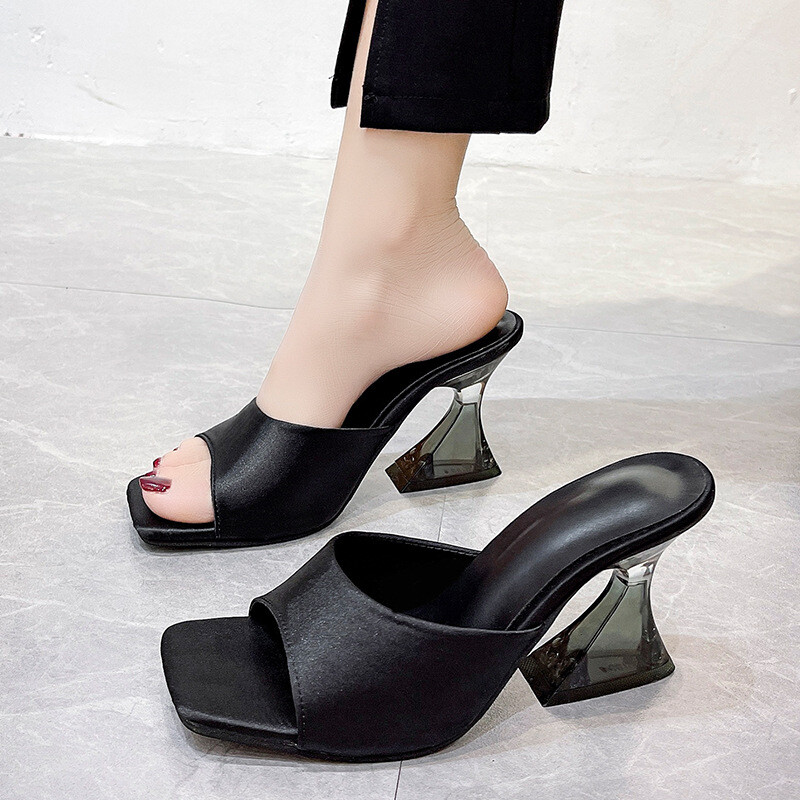 Summer Womens Block Clear Heel Slip On Slippers Square Open