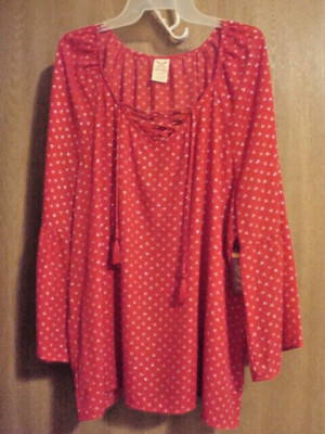 NEW w/tags ~ FADED GLORY ~ Red Lace Up Blouse Long Bell Sleeves  1X/16W