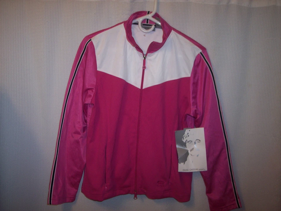 OLEG CASSINI 女士运动运动运动/工作拉链夹克 ~ L 码 ~ 全新带标签 — 第 2/4 张图片