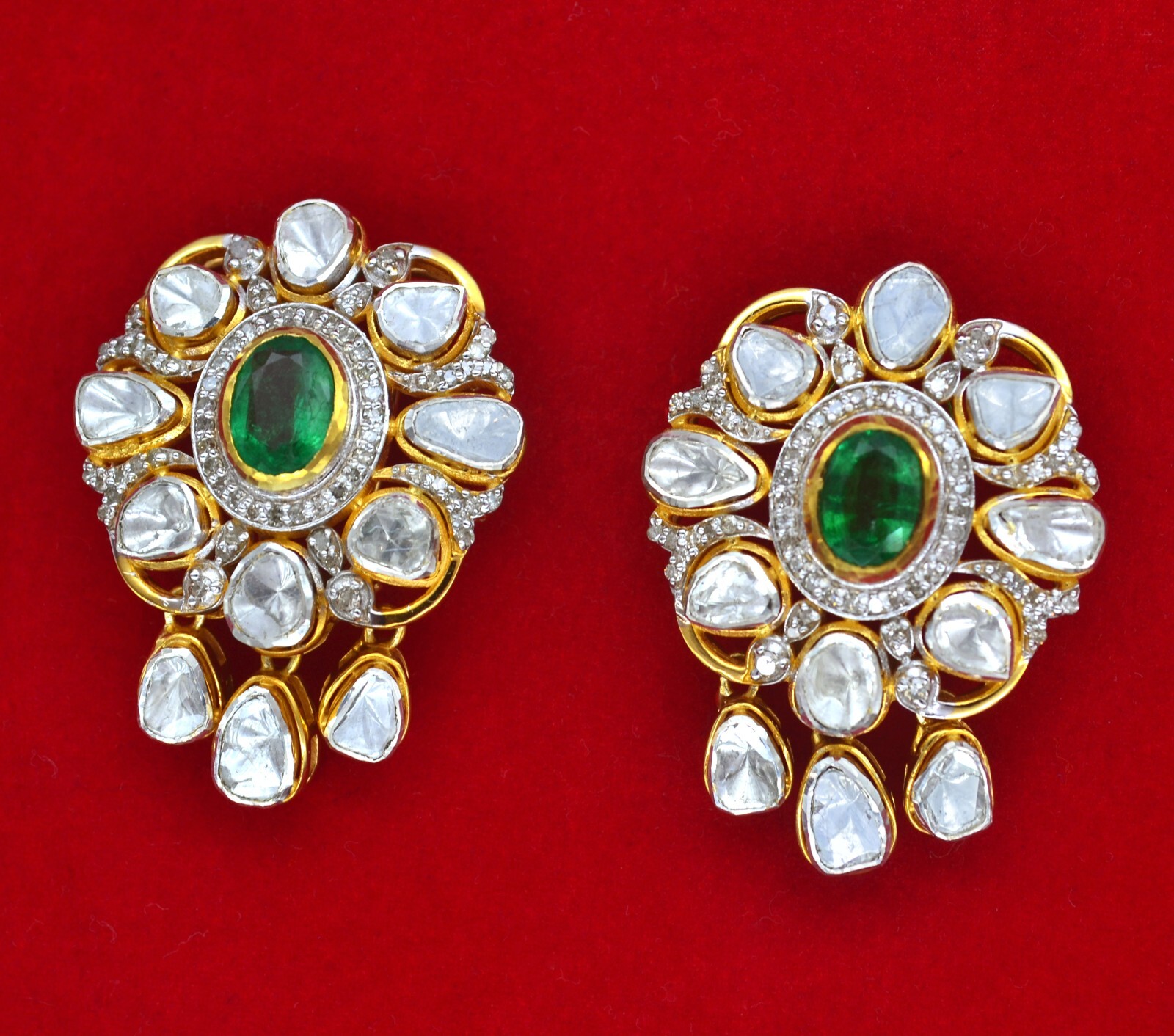 ALTRA Coppia orecchini polki argento sterling 925 placcato oro 18 kt smeraldo naturale diamanti
