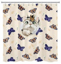 Cute and Funny Cat Scratching Butterfly Shower Curtain for Bathroom Waterproof