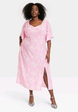 A New Day Women's Crepe Flutter Short Sleeve Midi Dress - Pink/White Floral, L
