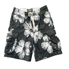 Abercrombie  Fitch Cargo Swim Trunks Mens Medium Gray White Hibiscus Shorts