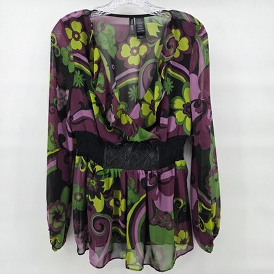 BISOU BISOU Top Small Green Purple Retro Funky Long Sleeve Blouse New