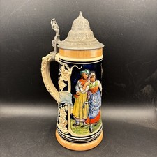German Stein Vintage Drinking Tankard Pewter Lid 8" Bavarian Ceramic Mug