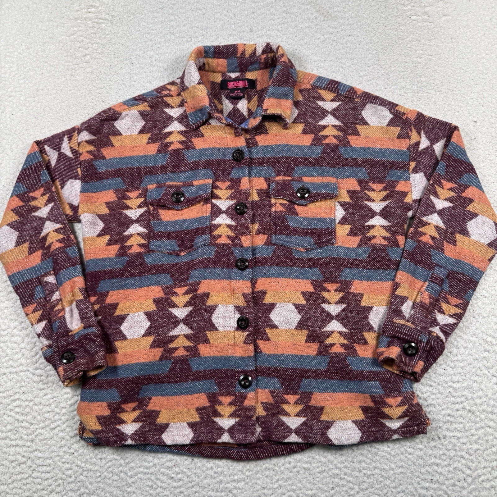 Rock & Roll Denim Shirt Jacket Women’s M Aztec Southwest Western Button Shacket
