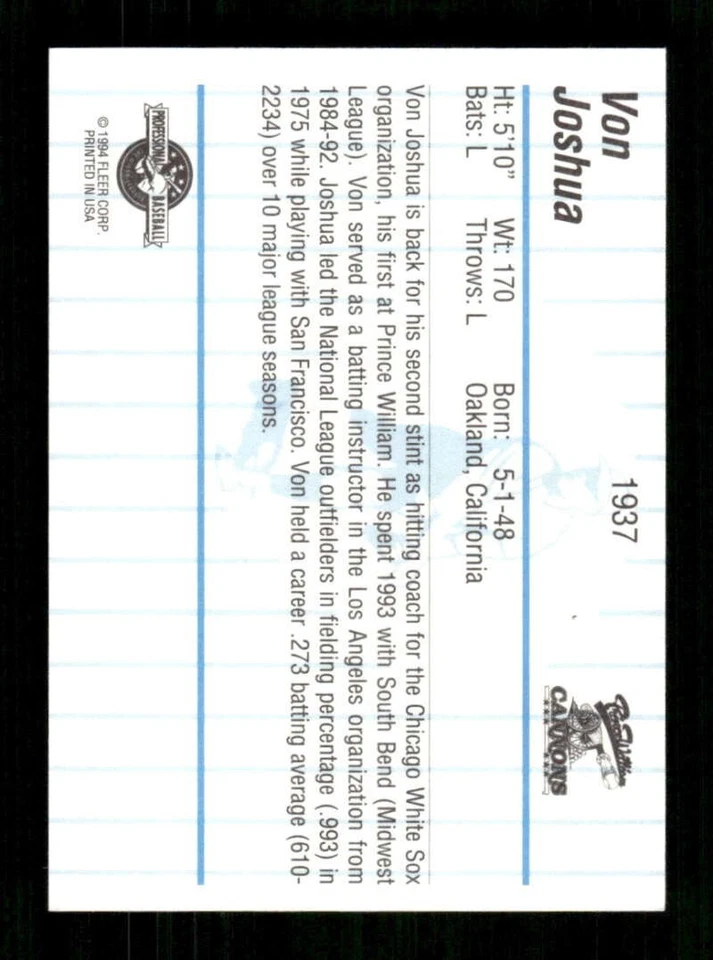 1994 Fleer Pro Cards Prince William Cannons #1937 Von Joshua NM Near M ID: 61040 - Image 2 of 2