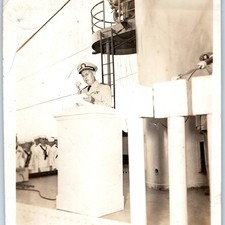 c1940s US Navy Naval Officer Podium Speech Ship Deck 5" Snapshot Photo Sailors