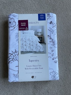 Christy weiß Gobelin Bettwäscheset Doppel Baumwollsatin glatt seidig neu mit Etikett UVP 110 £