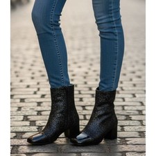 Black Glitter Ankle Boots Square Toe Block Heel Evening Party Sparkle Size 8M