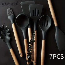 KEMORELA 7PCS Silicone Kitchen Utensil Set with Wooden Handles Heat-Resistant