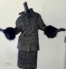 Vtg 60s Wool Dress Jacket Suit Pencil Skirt Fox Fur Trim Tweed Rockabilly