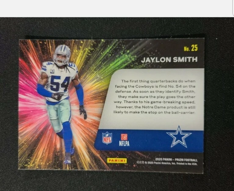 R72 2020 Panini Prizm Football Jaylon Smith Fireworks. No. 25 Dallas Cowboys  - Image 2 of 2