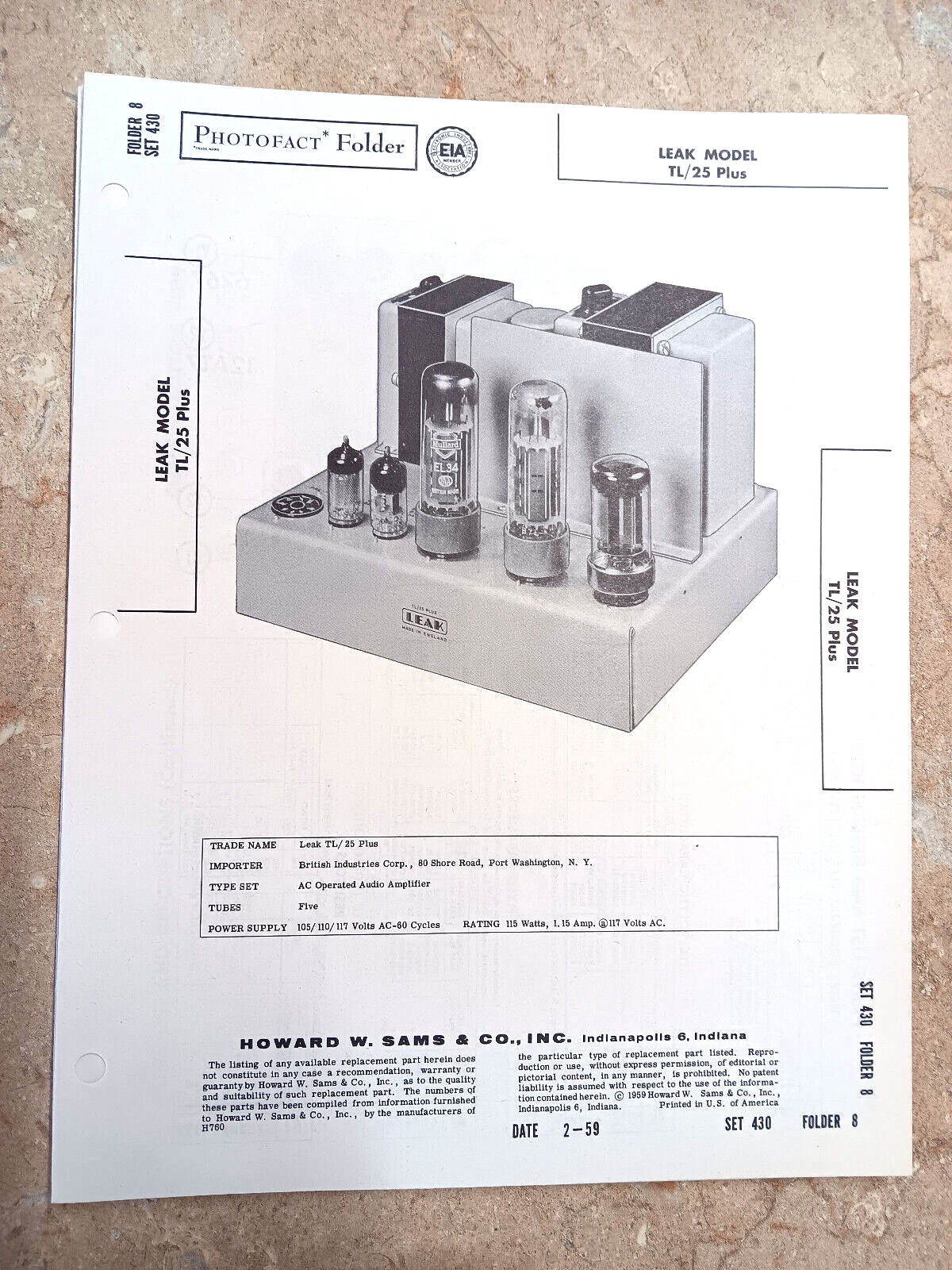 Original SAMS PHOTOFACT 430-8 LEAK TL/25 PLUS - EL34 POWER AMP