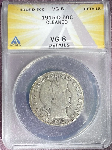 1915 D VG8 Details Barber Half ANACS Certified
