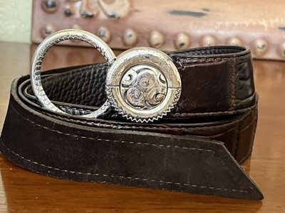 BRIGHTON SZ M BROWN EMBOSSED LEATHER/SUEDE SILVER RING  display picture 2