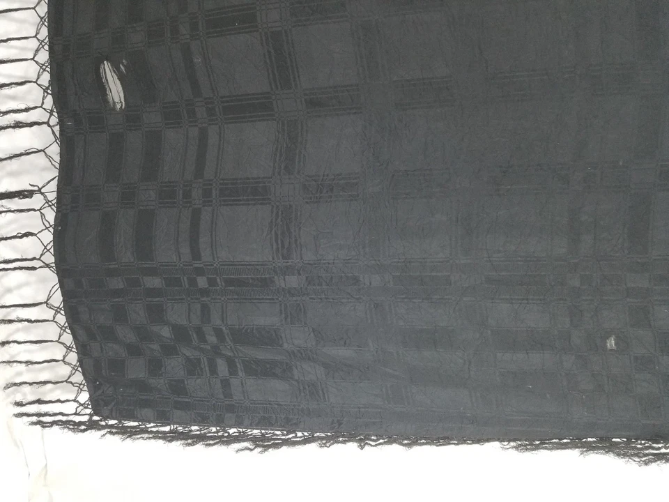 Antique 19thC Chinese Geometric Black Piano Shawl With Fringe 153x153cm - Image 2 of 4