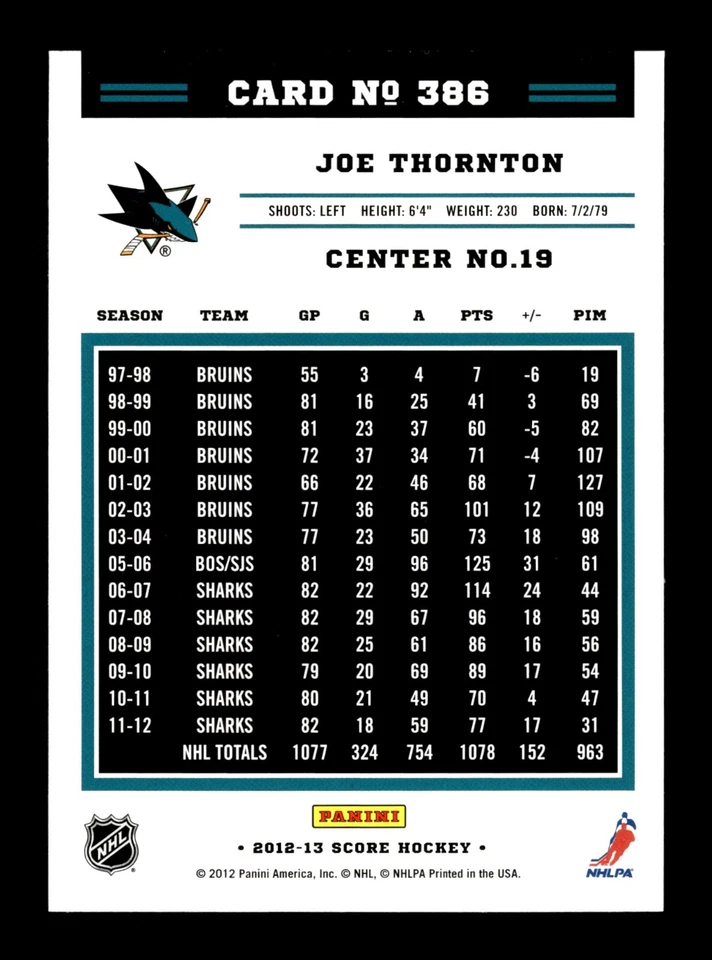 5-01-04 PWE . 2012-13 score panini GOLD #386 joe thornton - Image 2 of 2