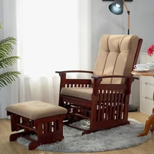 Solid Wood Glider and Ottoman Set Rubber Wood Rocking Chair +SandyBrown Cushion