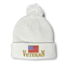 Pom Pom Beanies for Women American Veteran A Embroidery Flags Acrylic Skull Cap