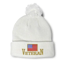 Pom Pom Beanies for Women American Veteran A Embroidery Flags Acrylic Skull Cap