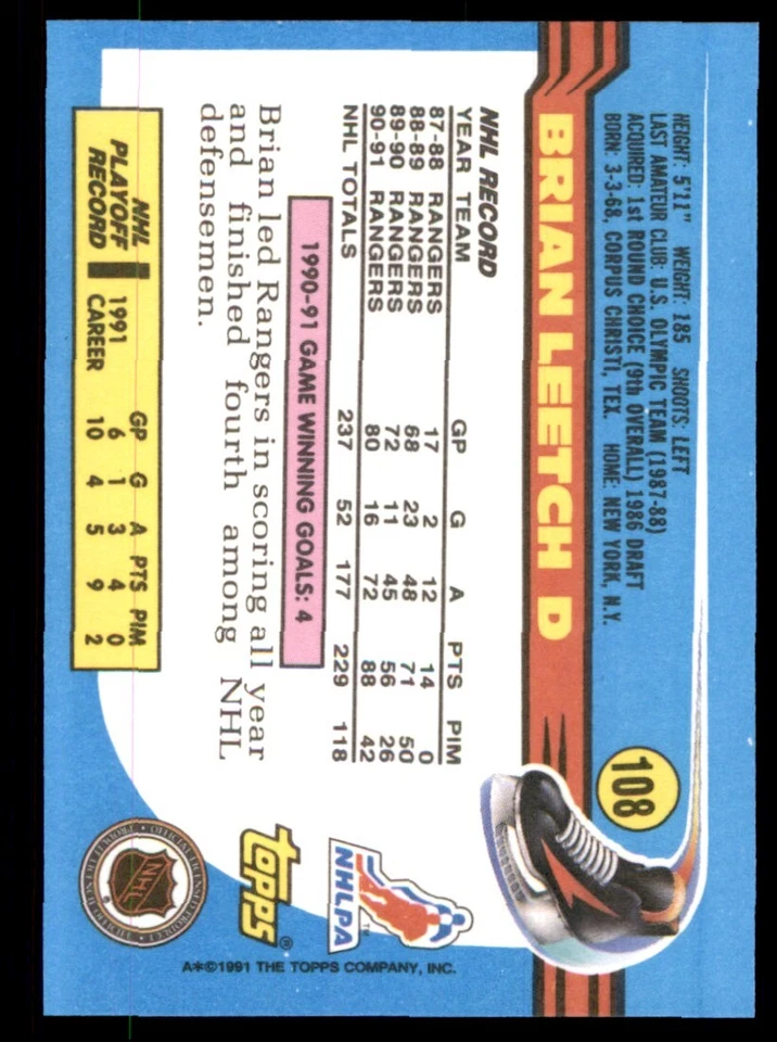 1991-92 Topps Brian Leetch New York Rangers #108 - Image 2 of 2