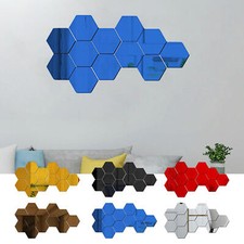 12pcs Hexagon Mirror Tiles Wall Stickers Self Adhesive Stick On Art Decal