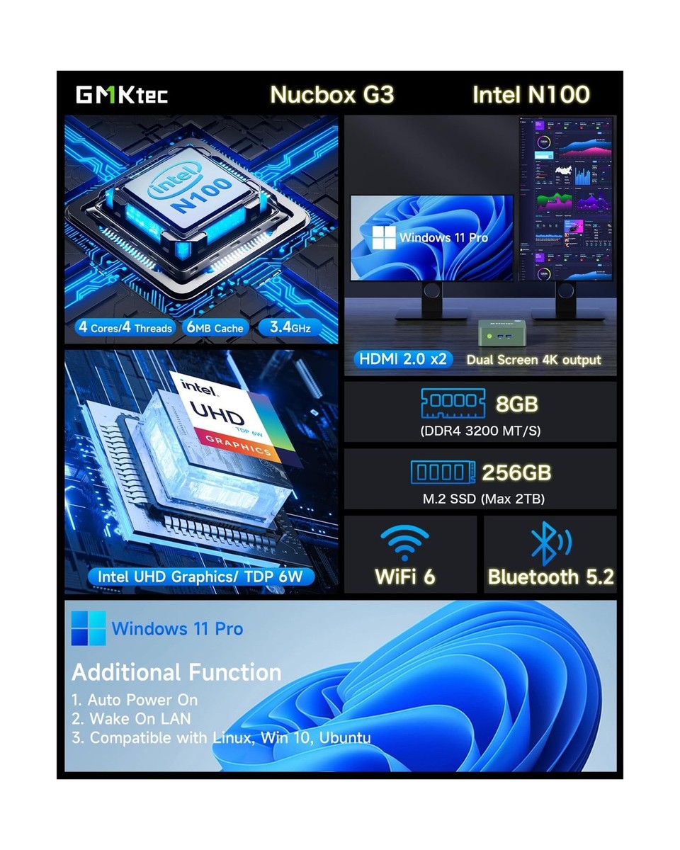 GMKtec Mini PC N100, Preinstalled Windows 11 Pro, G3 Intel