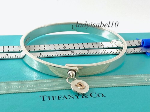Rate Tiffany & Co. Silver Gold Hinged Bangle Keyhole Round Tag - Authentic