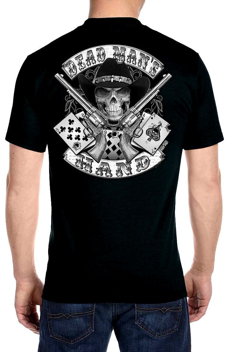 Mens Aces And Eights Dead Mans Hand Cowboy Skull On Brand Name Biker T Shirt