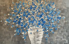 Blue Flowers ORIGINAL Painting Bouquet Impasto Palette Knife Texture susanna