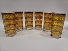 Highball Glasses 1960s Georges Briard 22k Gold Green Set of 6 Interlaced Circle