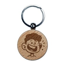 Happy Cartoon Boy Smile Freckles Engraved Wood Round Keychain Tag Charm